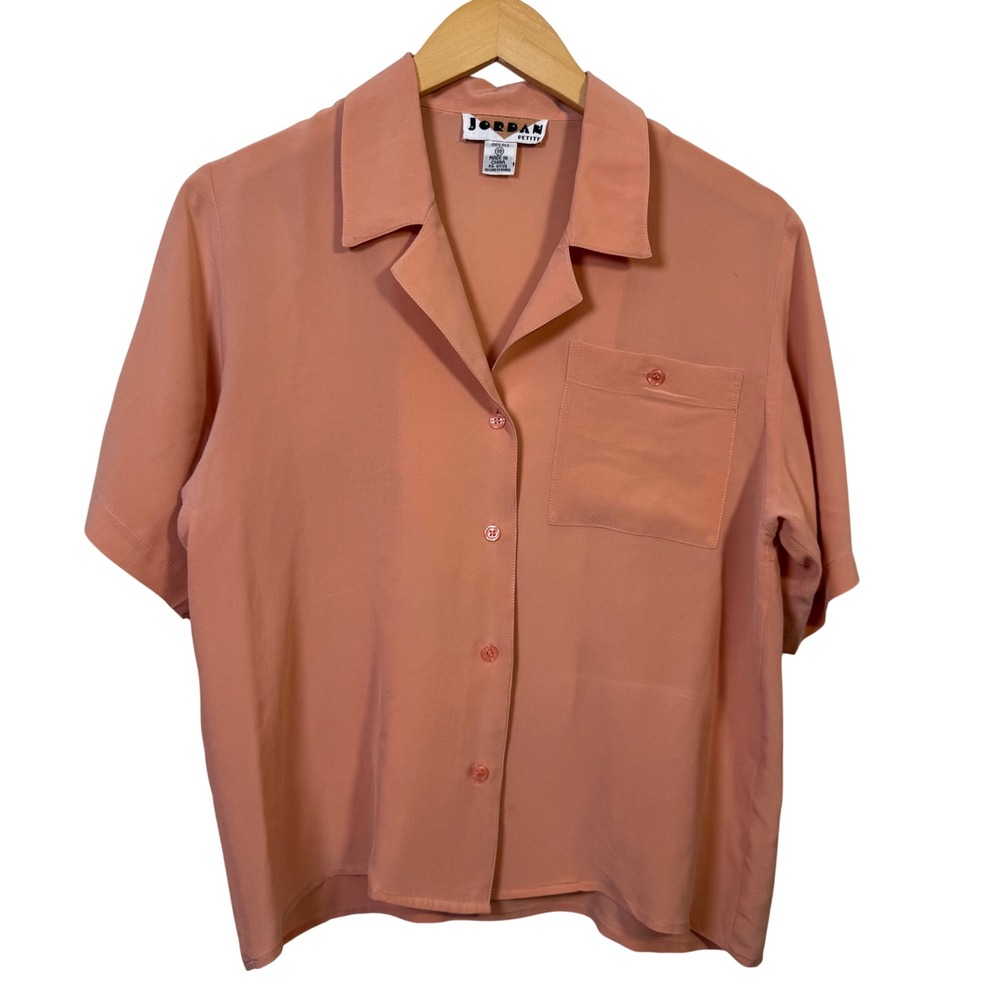Jordan Petite VTG 10 100% Silk Button Down‎ Top Short Sleeve Peach Boxy Cropped